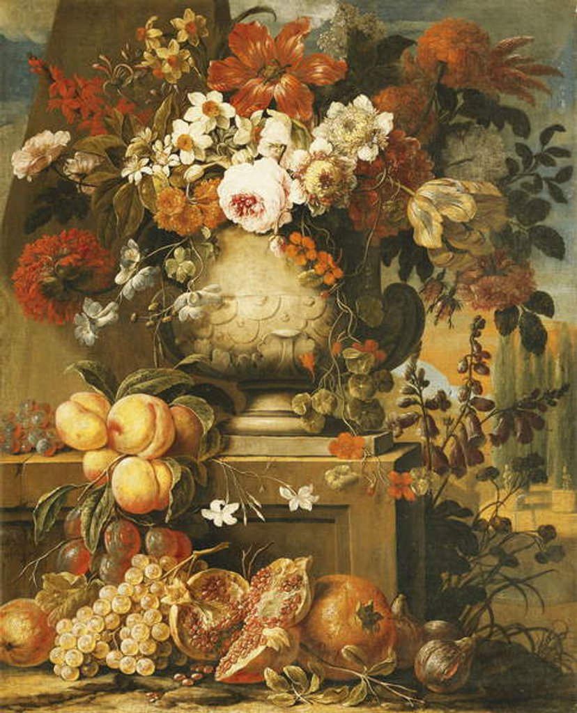 Detail of Flowers in Urns on Plinths with Fruit by Gaspar Pieter II Verbruggen