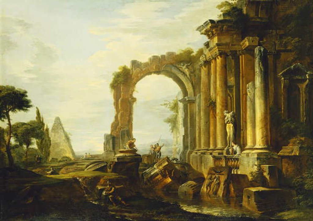 Detail of A Capriccio of Classical Ruins with the Pyramid of Cestius and Figures in a Landscape by Giovanni Paolo Pannini