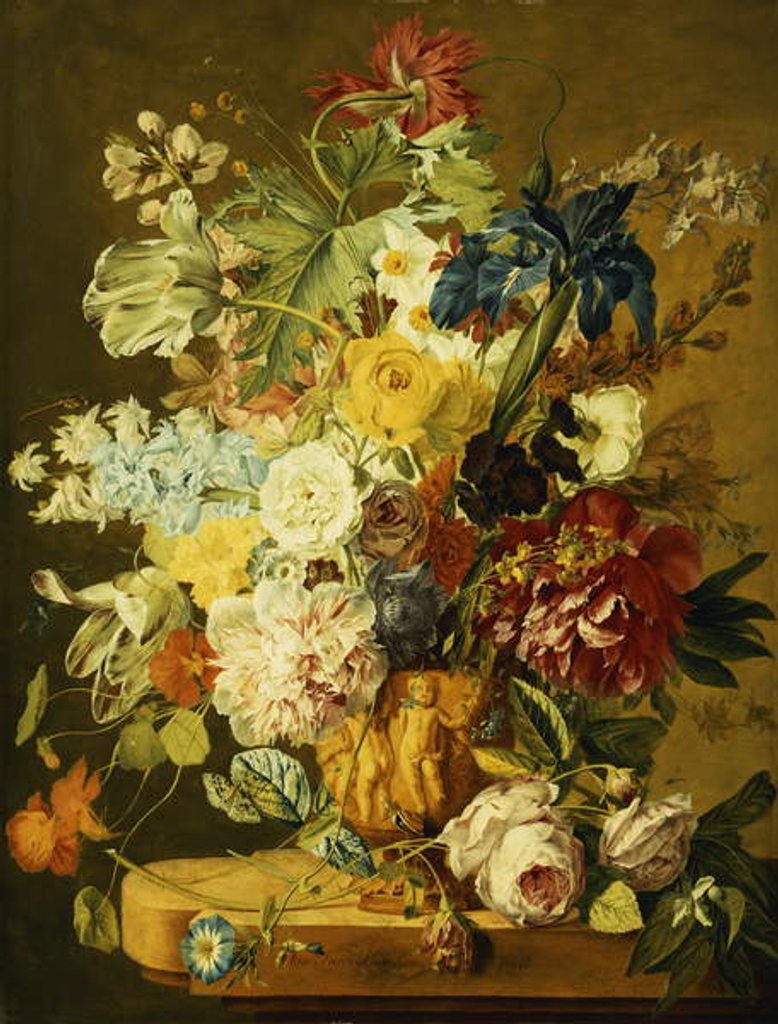 Detail of Roses, Peonies, Tulips, Morning Glory, an Iris, Columbine, a Poppy, Jonquils and Other Flowers in a Carved Urn on a Stone Ledge by Jan van Huysum