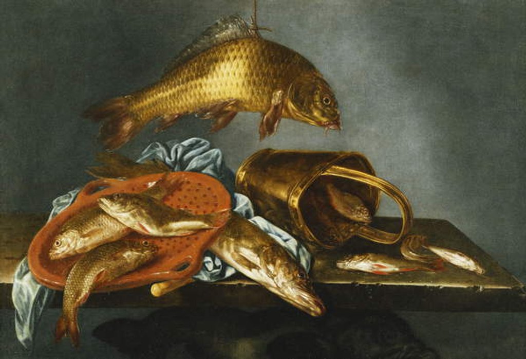 Detail of A Pike, Carp, Tench and Roach with a Sieve and a Brass Bucket on a Ledge, 1661 by Abraham Susenier