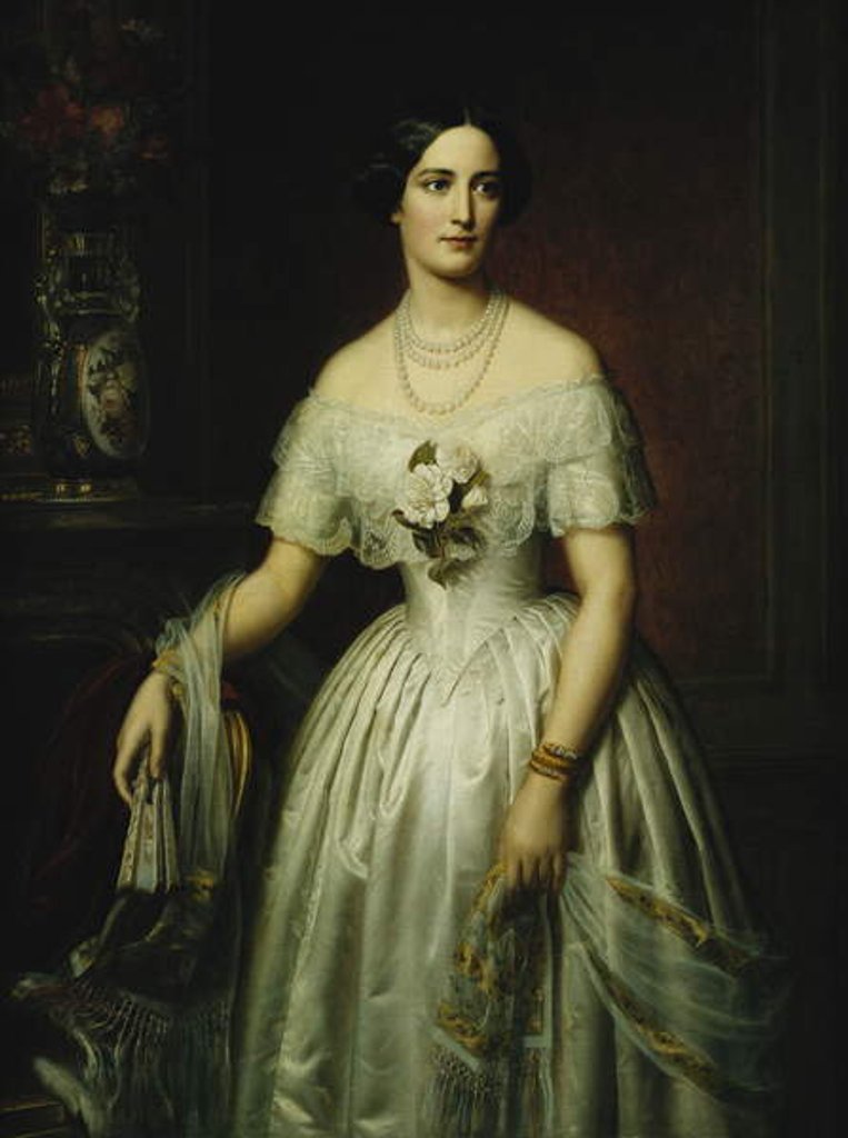 Detail of Portrait of a Lady Standing Three-Quarter Length Wearing a White Dress, 1851 and 1876 by August Schiott