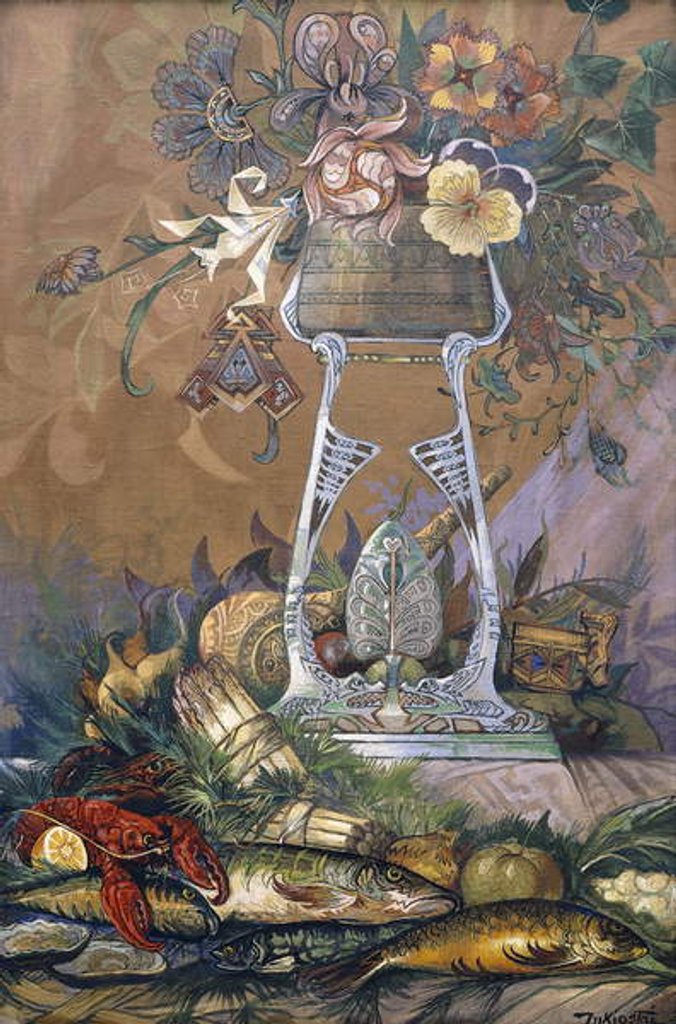 Detail of Flowers in a Vase on a Stand with Asparagus, Lobsters, Oysters and Fish by Dragutin Inkiostri-Medensak