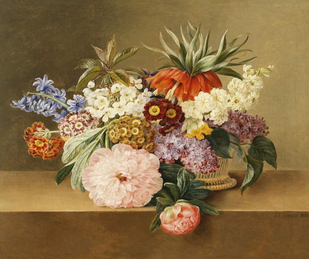 Detail of Iris, Lilac, Primulae, Blossom and Peonies in a Basket by Johan Laurents Jensen