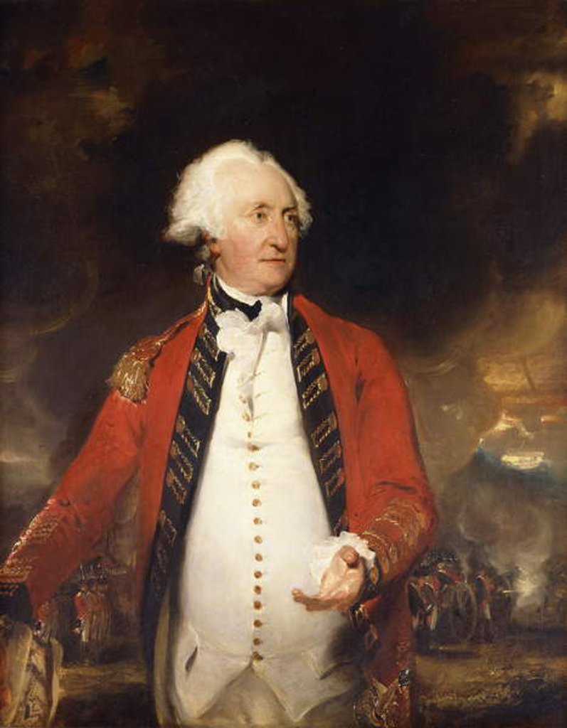 Detail of Portrait of General James Pattison three-quarter-length, in Military Uniform, Holding a Document, a Battle in Progress Beyond by Thomas Lawrence