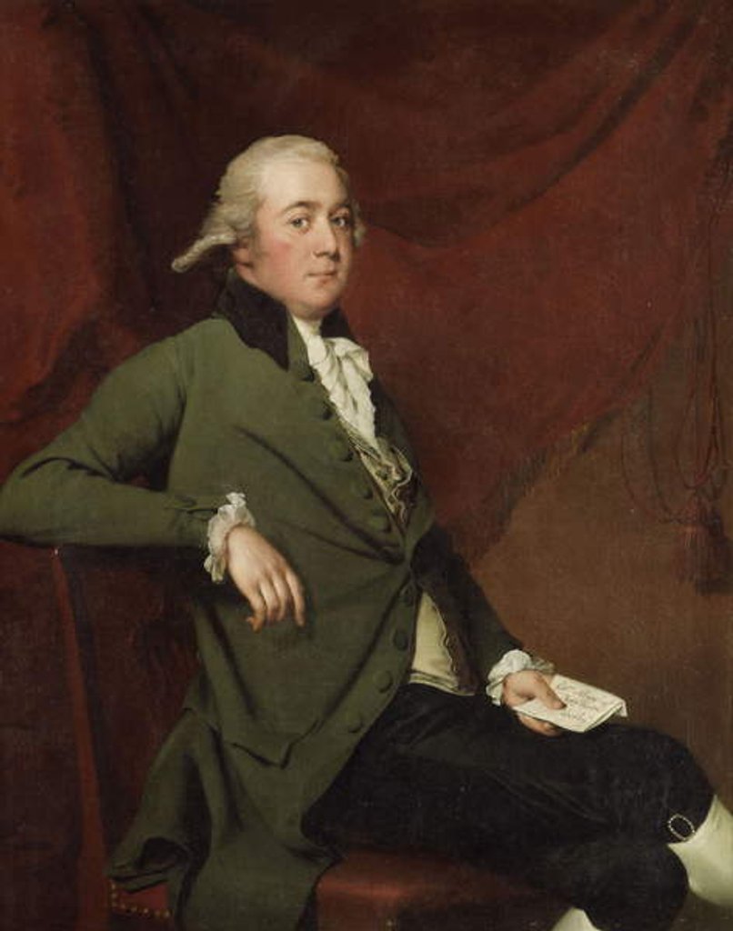 Detail of Portrait of Edward Abney, seated three-quarter-length, in a Green Coat, Holding a Letter against a Red Curtain, Late 1780s by Joseph Wright of Derby
