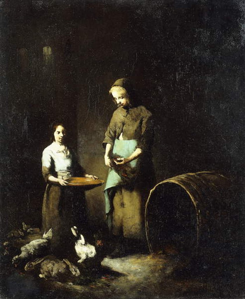 Young Peasant Girls Feeding Barnyard Animals by Auguste Theodule Ribot