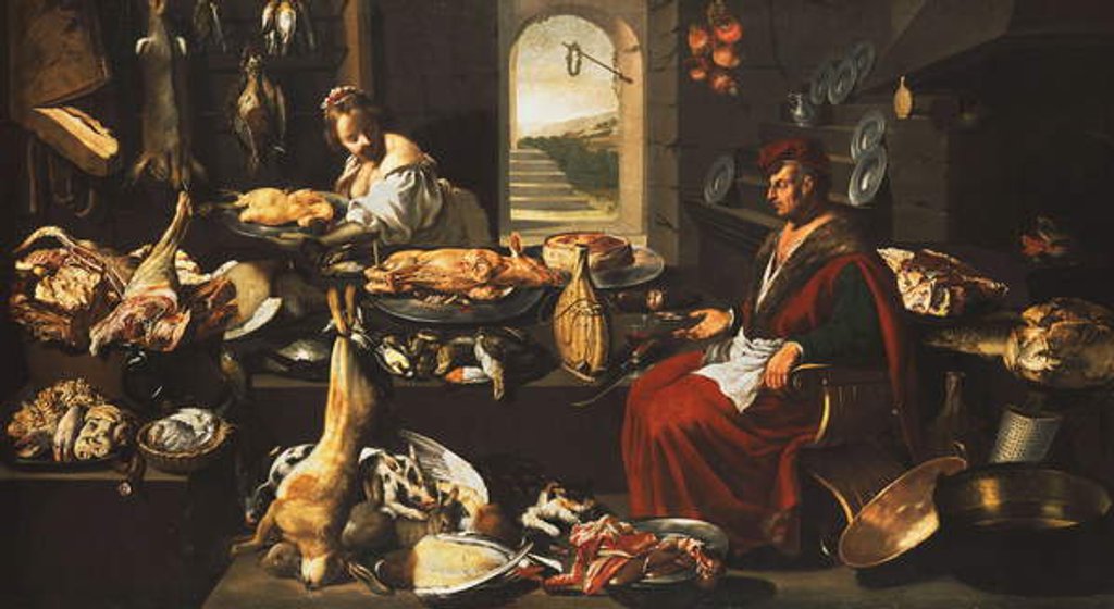 Detail of A Cook in a Well-Stocked Kitchen with a Serving Woman by Italian School