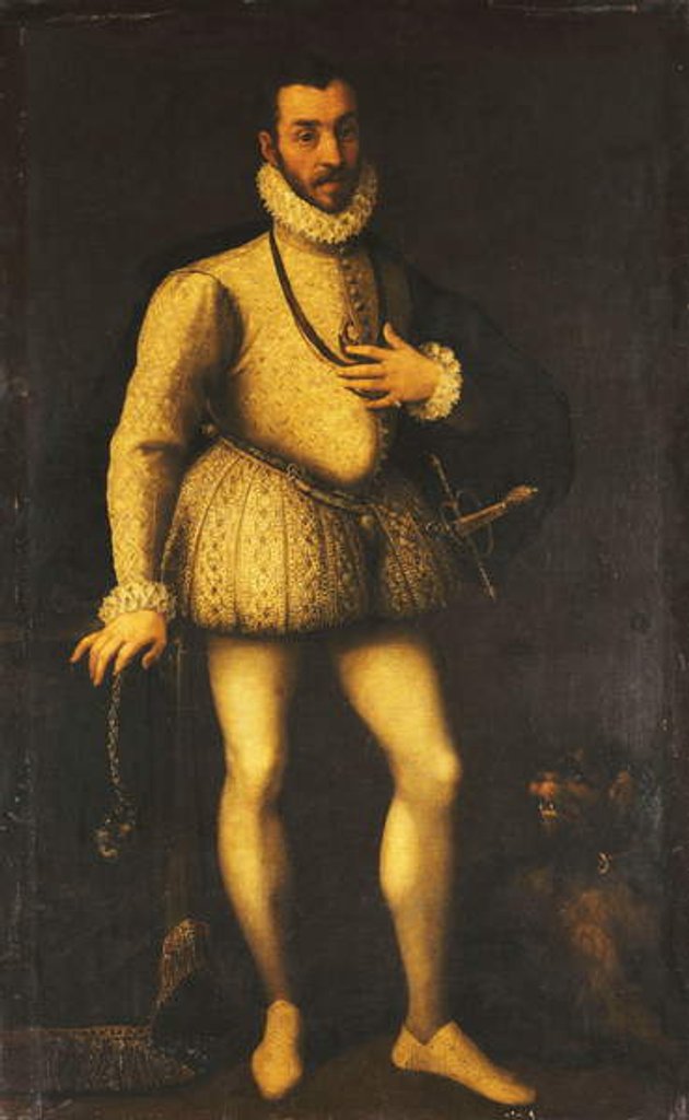 Detail of Portrait of a Gentleman, full-length, Wearing an Embroidered White Jerkin, a Cloak and a Sword, c.1580 by Italian School