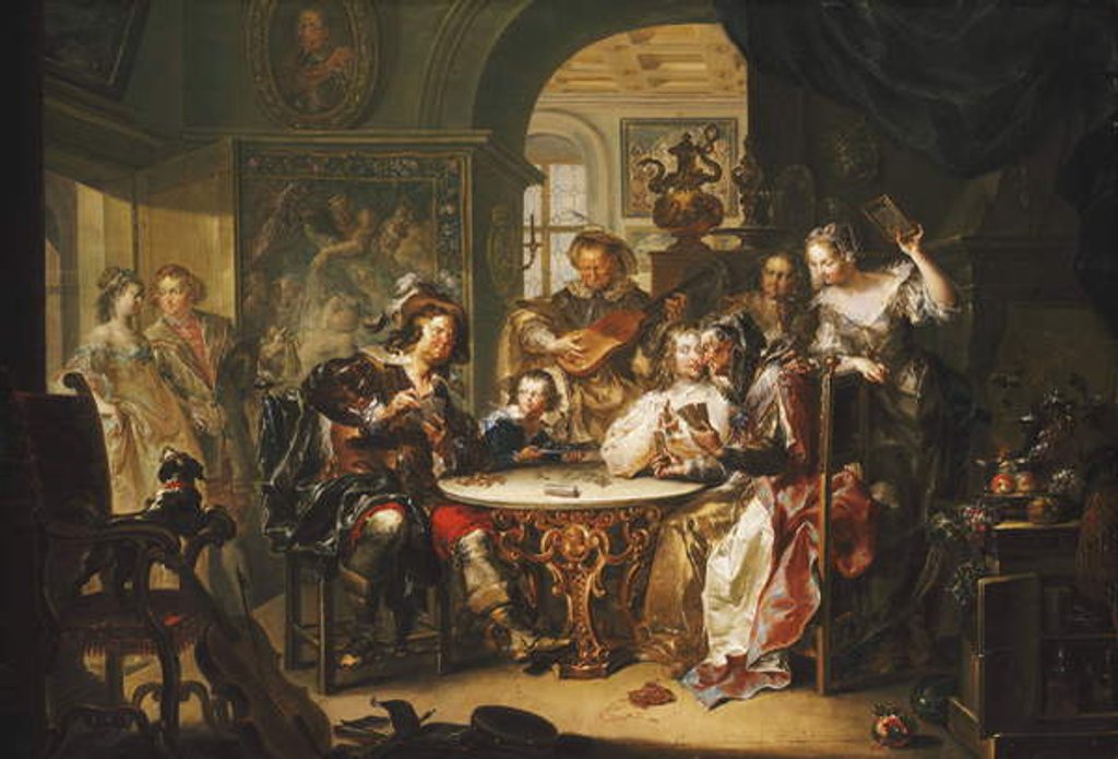 Detail of A Gentleman cheating at Cards with an elderly Lady in a sumptous Interior by Johann Georg Platzer