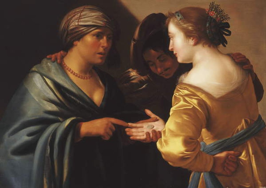 Detail of A Gypsy Fortune Teller with a Young Couple by Adam de Coster