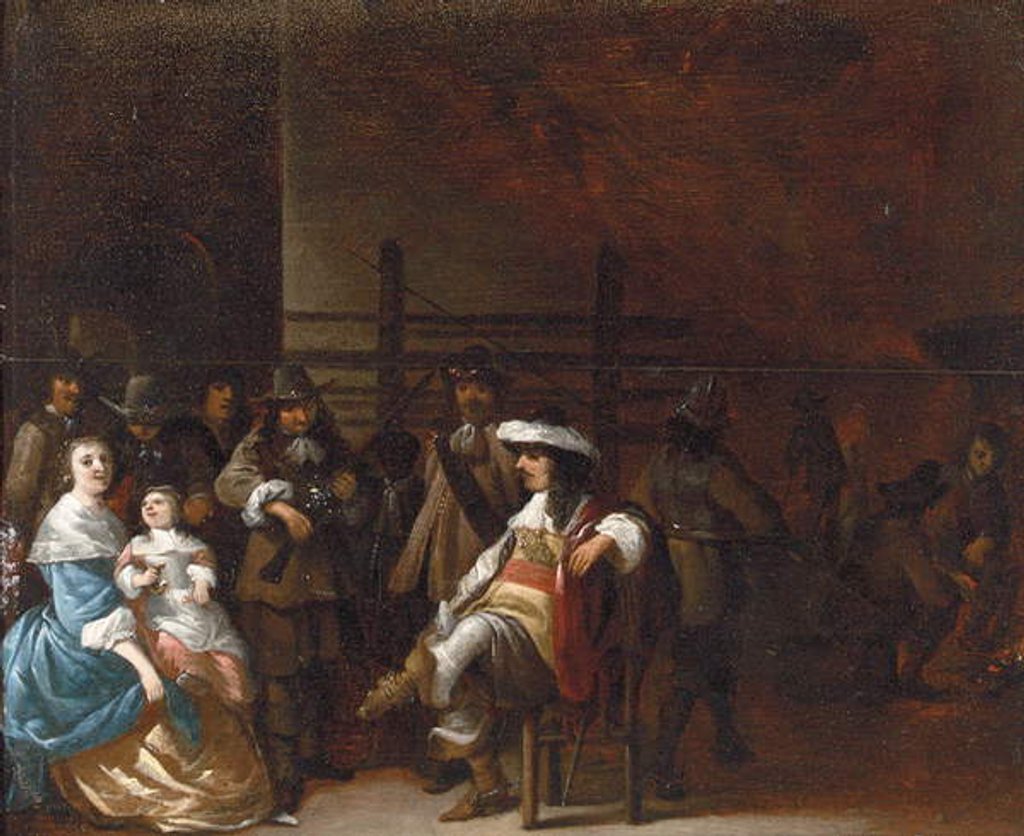 Detail of A guardroom interior with a cavalier conversing with a mother and child by Anthonie Palamedesz