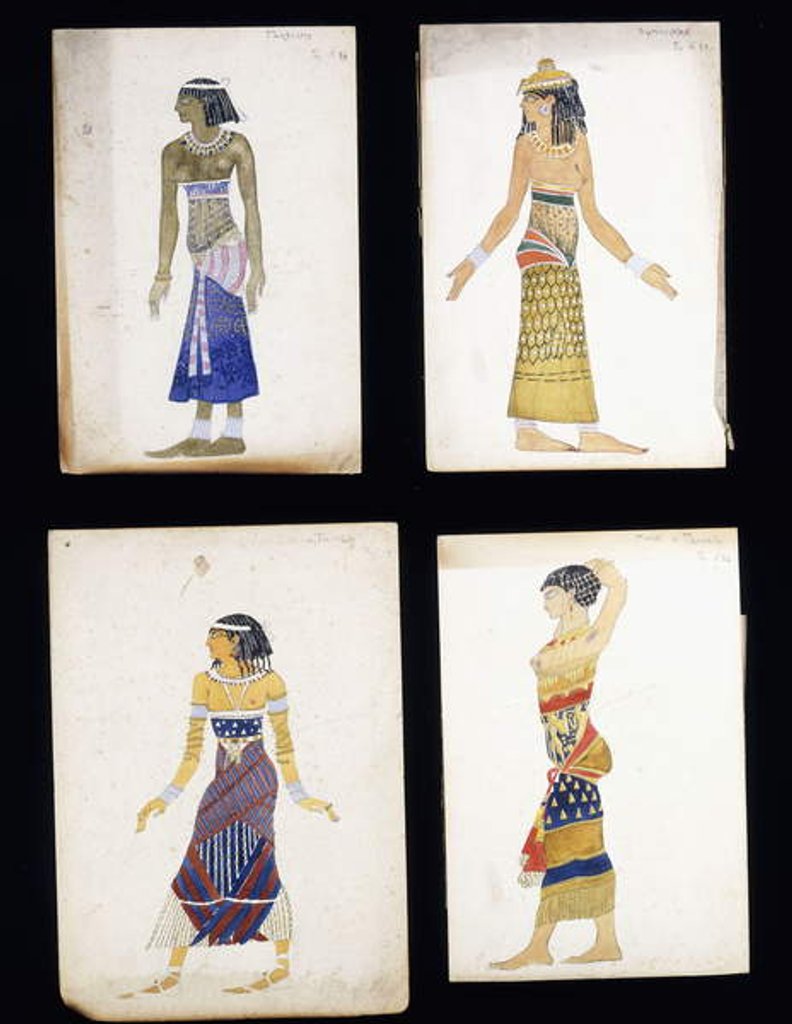 Detail of Egyptian Costume Designs for a Dancer, a Musician, Ta-Or, and Cleopatra's Sister by Leon Bakst