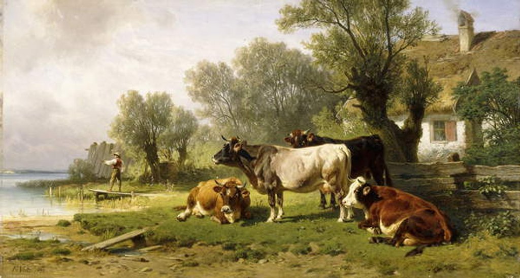 Detail of Cattle in a Farmyard along a River with a Fisherman beyond, 1881 by Friedrich Johann Voltz