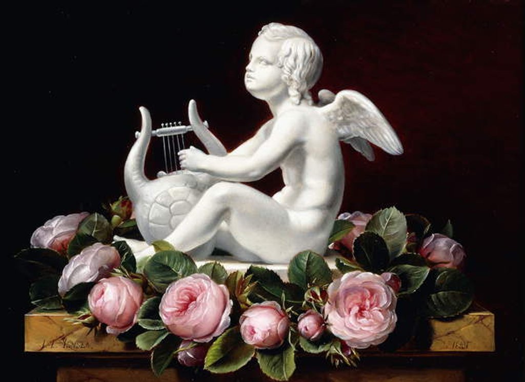 Detail of Garland of Pink Roses around Cupid playing a Lyre on a marble ledge, 1841 by Johan Laurents Jensen