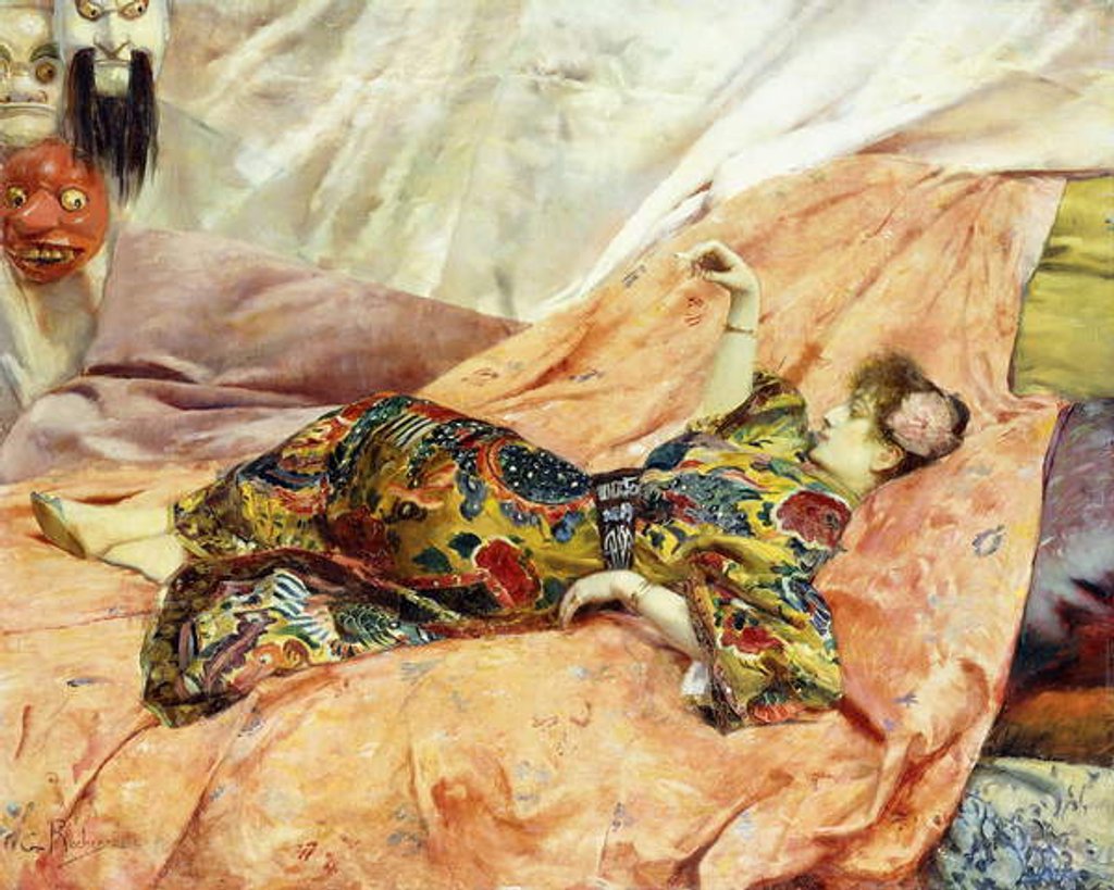 Detail of A Portrait of Sarah Bernhardt, Reclining in a Chinois Interior by Georges Marie Rochegrosse