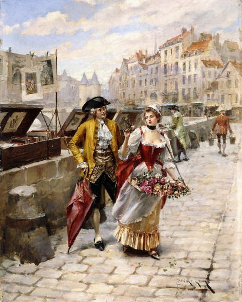 Detail of Gentleman and Flower Girl near Book Stalls by the Seine by Henri-Victor Lesur