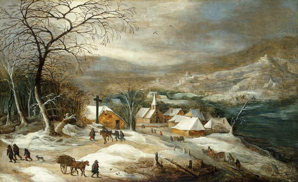 Detail of A Winter Landscape, with Figures on a Road by a Village by Joos or Josse de The Younger Momper