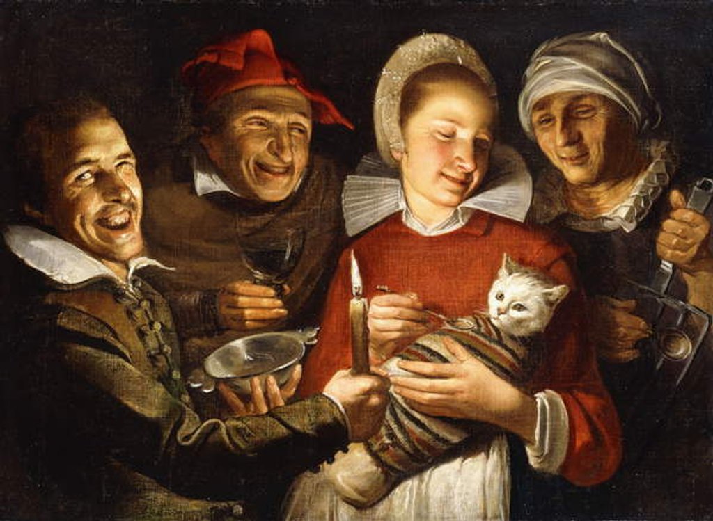 Detail of A Dutch Proverb - A women feeding a bound cat, surrounded by men by Haarlem School