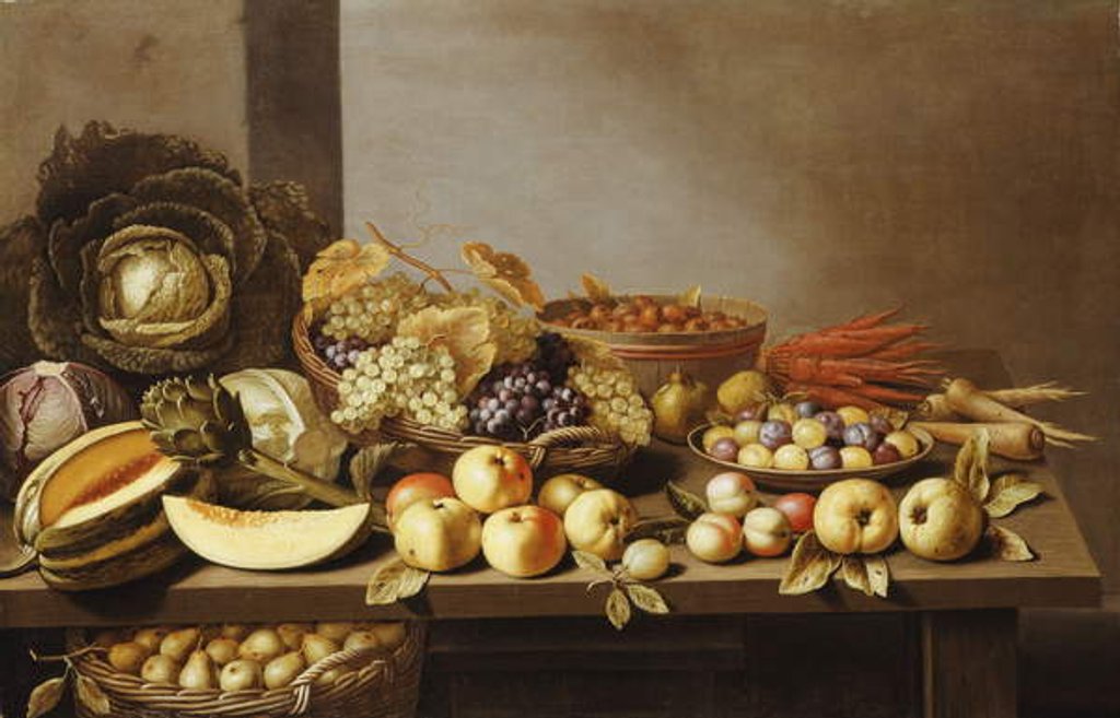 Detail of Bowls of Fruit and Nuts on a wooden table with a Basket of Pears beneath by Floris van Schooten