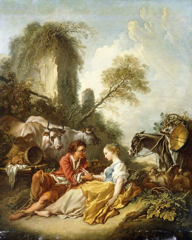 Detail of A Pastoral Landscape with a Shepherd and Shepherdess seated by Ruins by Francois Boucher