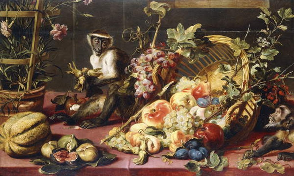 Detail of A Spilled Basket of Fruits on a Draped Table with Monkeys by Frans Snyders or Snijders