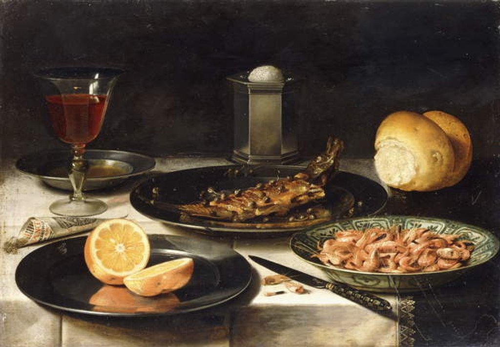 Detail of A Herring with Capers and a Sliced Orange on Plates and a Bowl of Shrimp on a Table by Clara Peeters
