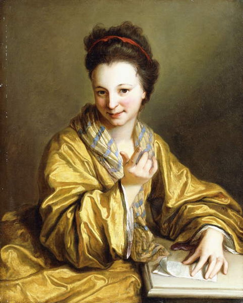 Detail of A Young Lady, Wearing a Yellow Robe, seated at a Table, Beckoning, 1703 by Jean Baptiste Santerre