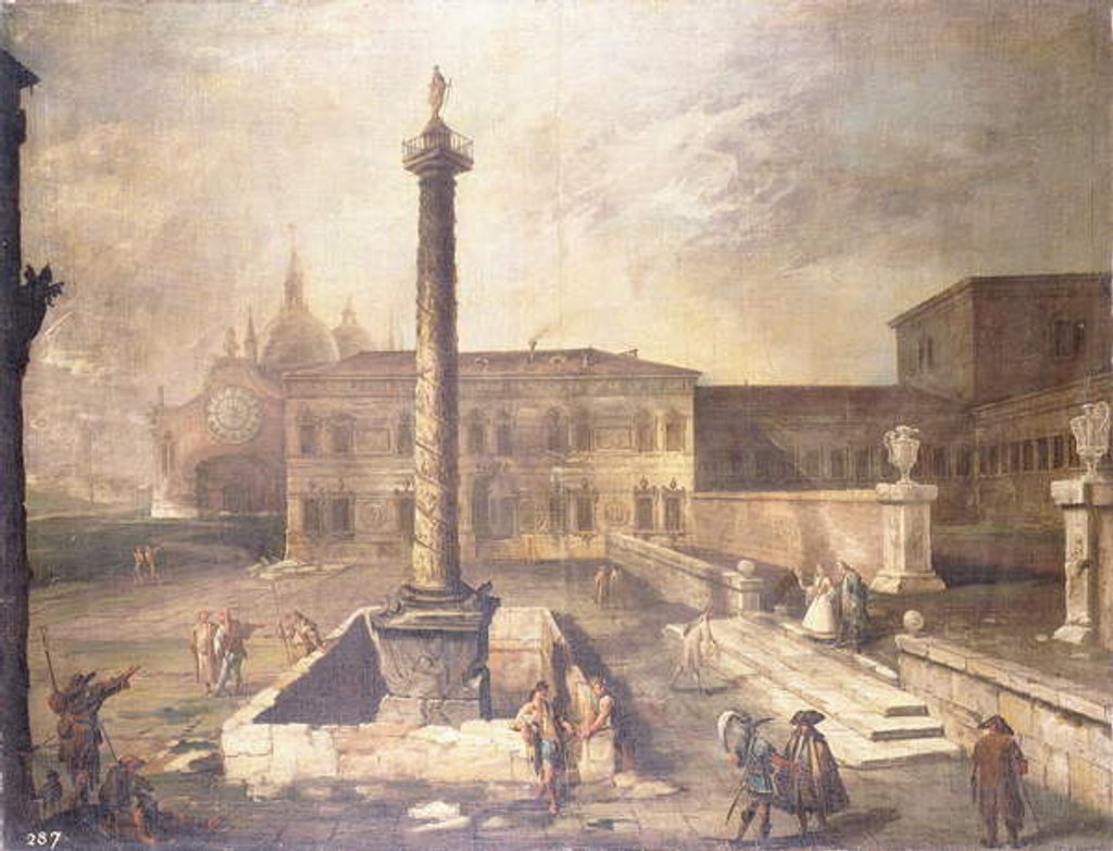 Detail of A Capriccio of a Piazza in front of a Palace with the Column of Marcus Aurelius by Canaletto