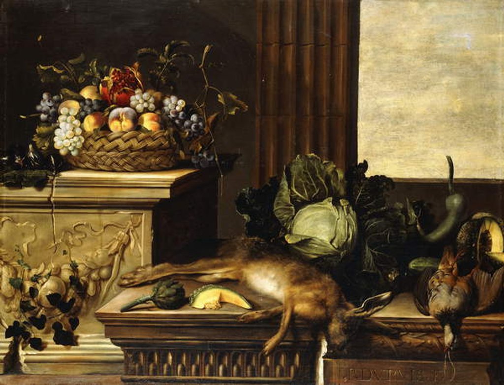 Detail of Fruit in a Wicker Basket with Figs on a Plinth, Dead Game, a Cabbage, a Melon, a Gourd and an Artichoke on a stone Ledge, a Window beyond by Pierre Dupuis