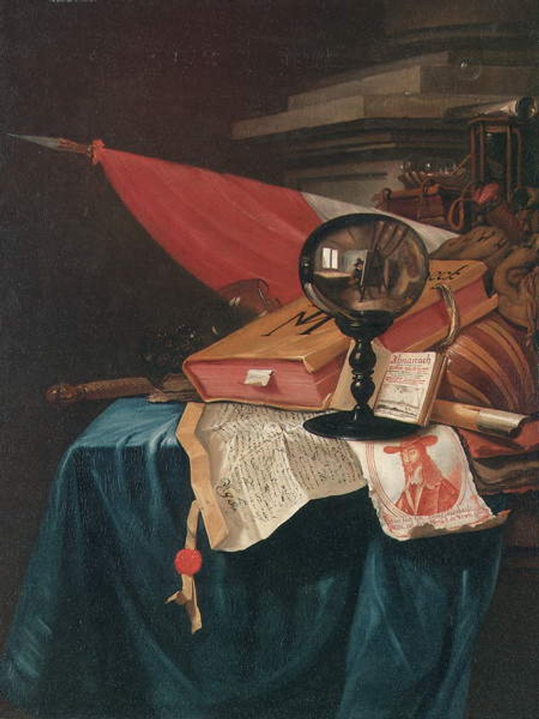 Detail of Vanitas still life with the artist at his easel reflected in a crystal ball by Vincent Laurensz van der Vinne
