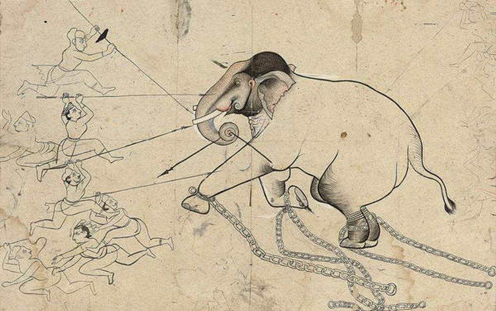 Detail of Isarda or kotah preparatory drawing of the taming of an elephant, c.1720 by Indian School