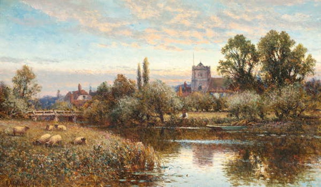 Detail of Sheep grazing before Wrotham Church, twilight by Alfred Augustus Glendening