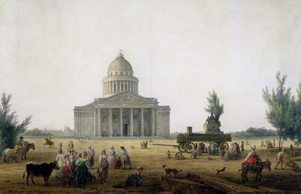 Detail of View of the Pantheon in Paris with a carriage bearing a statue of Jean-Jacques Rousseau, c.1792 by Jean-Baptiste Hilair