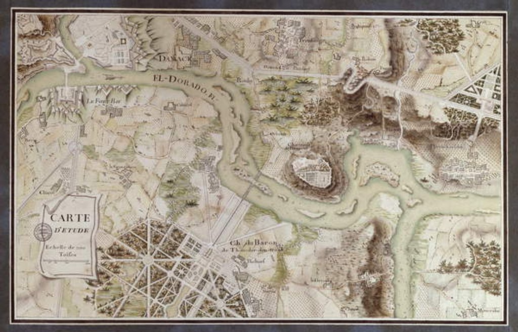 Detail of A Map inspired by 'Candide' by Francois Voltaire for a competition organised by the Ecole Nationale des Ponts et Chaussees in Paris, late 18th century by French School