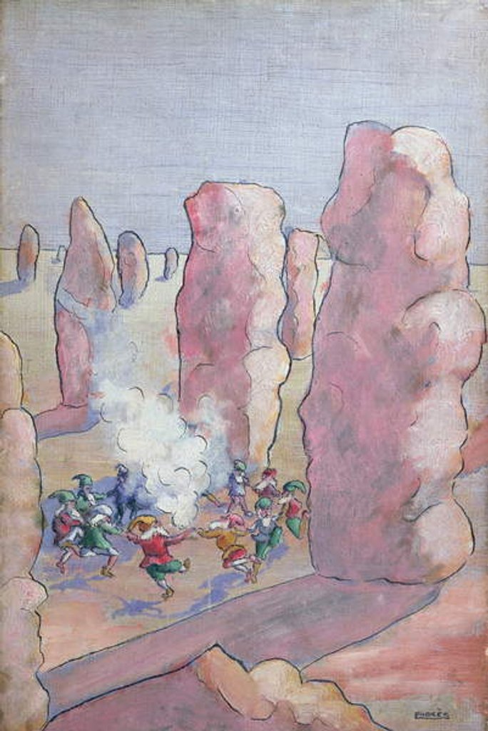 Detail of Breton gnomes dancing around a stone circle, late 19th century by French School