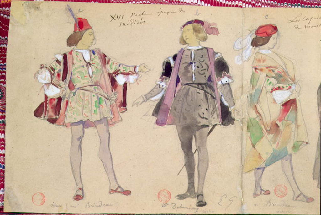Detail of Costume designs for Octave and Coelio for 'Les Caprices de Marianne' by Alfred de Musset by Eugene Giraud