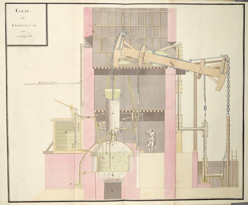 Cross-section of a steam machine to extract water from mines, c.1760 by French School
