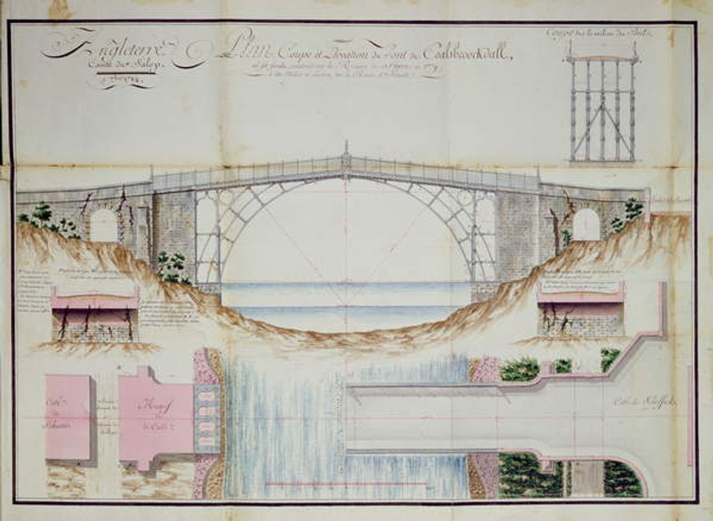 Detail of Drawings and Cross section of the Iron Bridge constructed in 1779 at Coalbrookdale, Shropshire, England, 1784 by French School