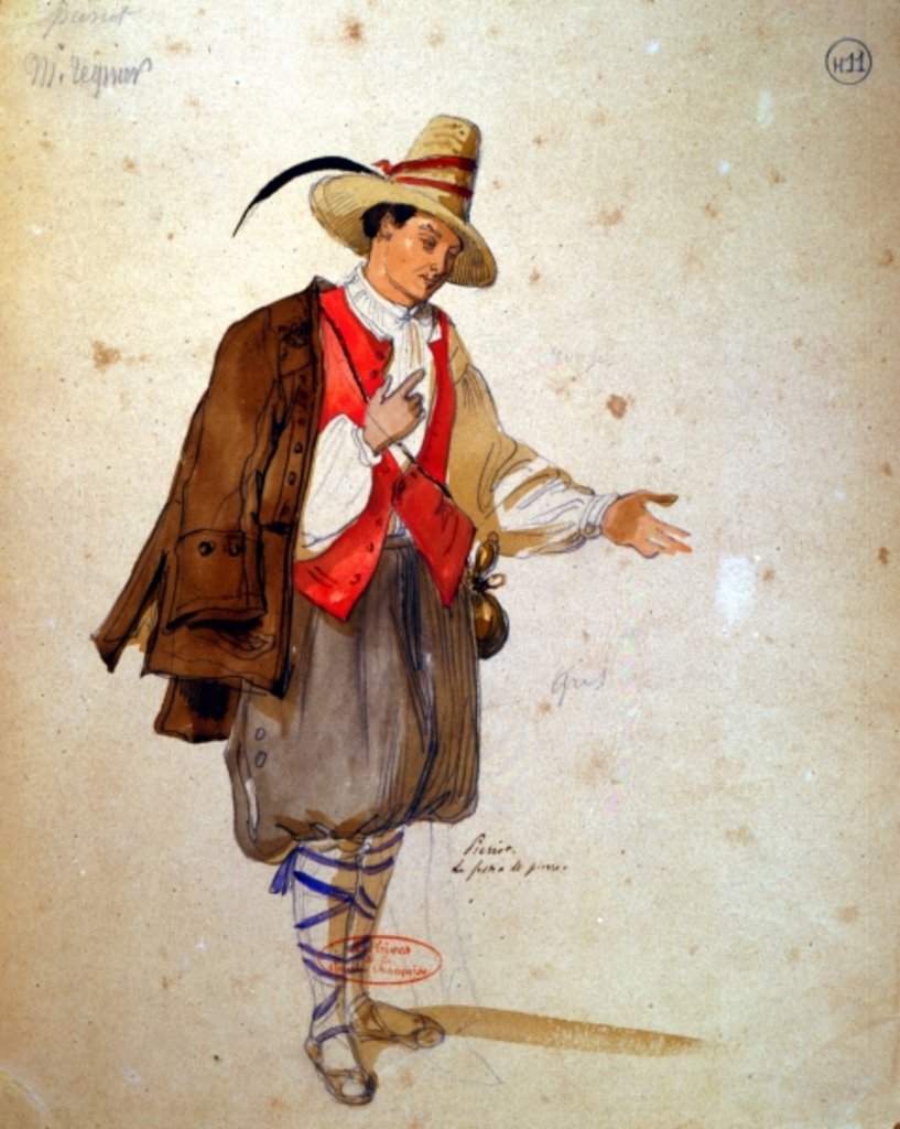 Detail of Costume design for the role of Pierrot in an 1847 production of 'Don Juan' by Moliere at the Comedie Francaise by Achille Deveria