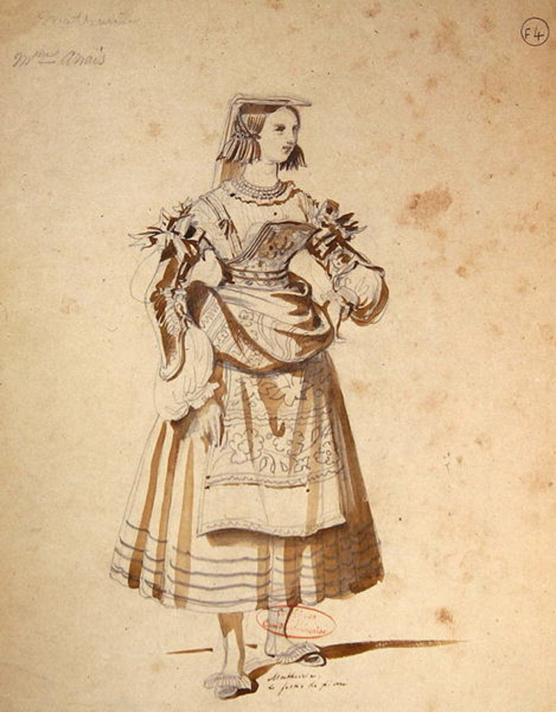 Detail of Costume design for 'Mathurine' in an 1847 production of 'Don Juan' by Moliere at the Comedie Francaise by Achille Deveria