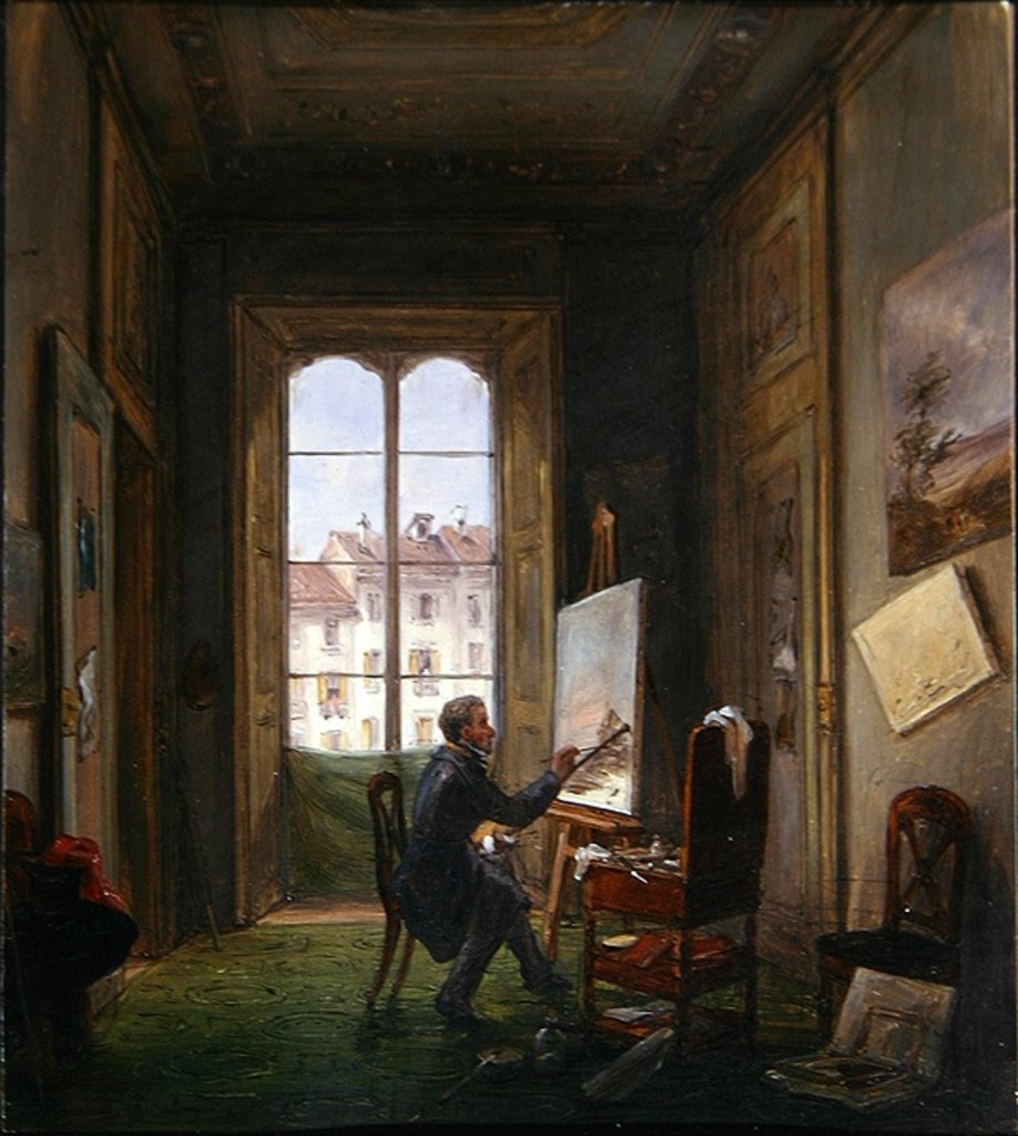 Detail of The painter Giuseppe Canella at work on a canvas in his studio, c.1830 by Carlo Canella