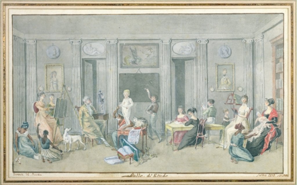 Detail of Family in a study room on the Ile de La Reunion, 1813 by Jean-Joseph Patu de Rosemont