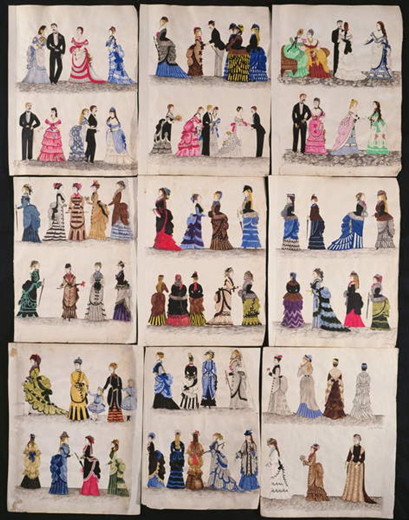 Detail of A selection of Victorian fashions including ballroom and walking dresses, c.1876 by English School