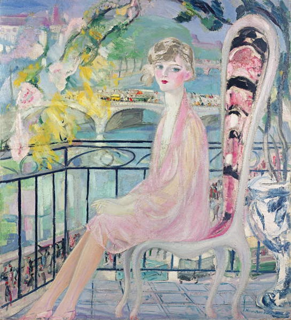 Detail of Portrait of Dolly Davis on a balcony in front of the old bridge of Alma by Jacqueline Marval