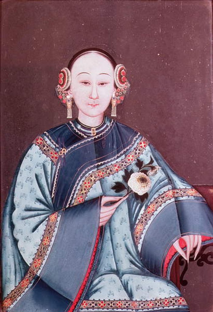 Detail of Chinese woman in traditional costume holding a single flower by Chinese School