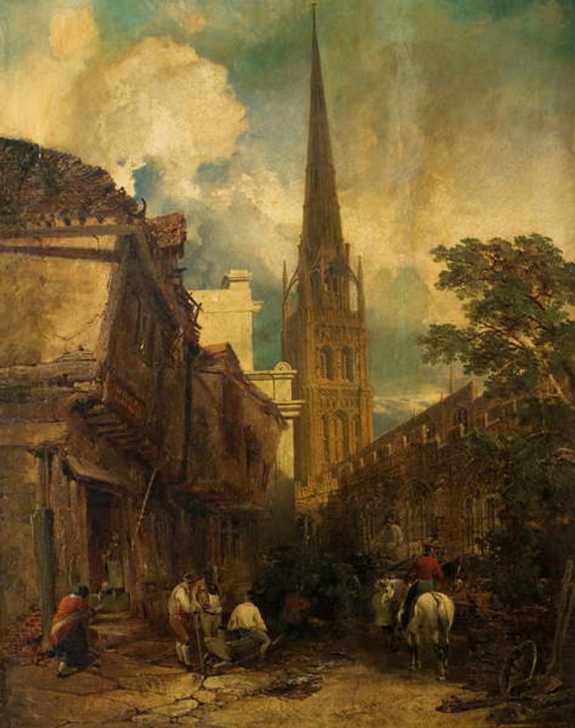 Detail of Bayley Lane, with Drapers Hall and St. Michael's Church, Coventry, 1851 by Edmund John Niemann