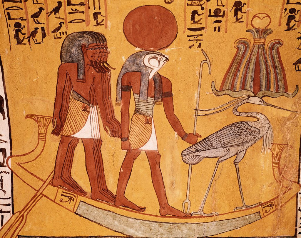 Detail of Mural Painting of Re-Harakhty in the Solar Boat Next to the Sacred Ibis by Anonymous