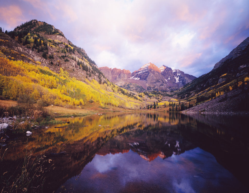 Detail of Autumn Trees Encircling Mountain Lake at Dawn by Anonymous