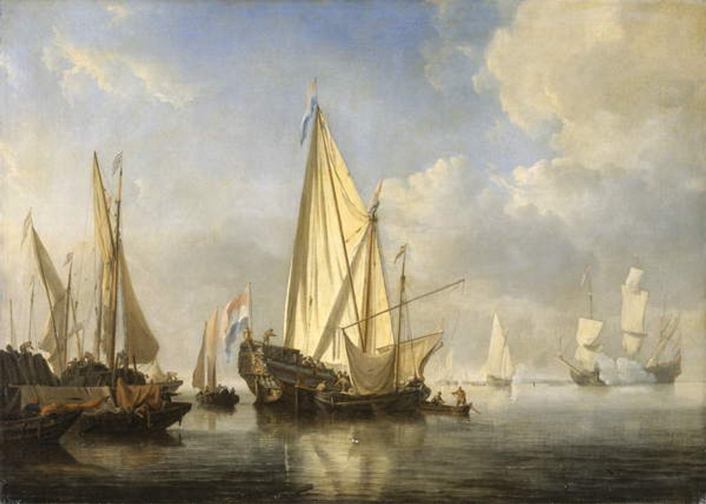 Detail of Shipping in a calm with a States Yacht off the end of a pier, c.1680 by Willem van de the Younger Velde