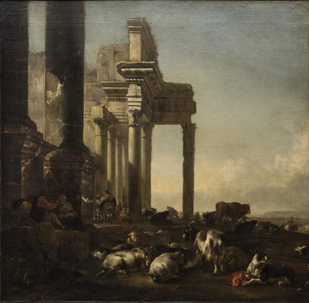 Detail of An Italianate Landscape with peasants, cattle and sheep by classical ruins, c.1650s by Jan Baptist Weenix